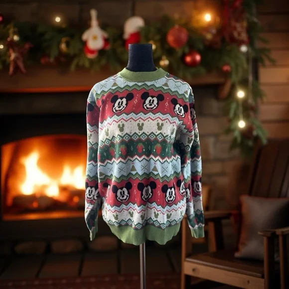 Disney Mickey Mouse Festive Sweater - Red, Green, White - Picture 1 of 6